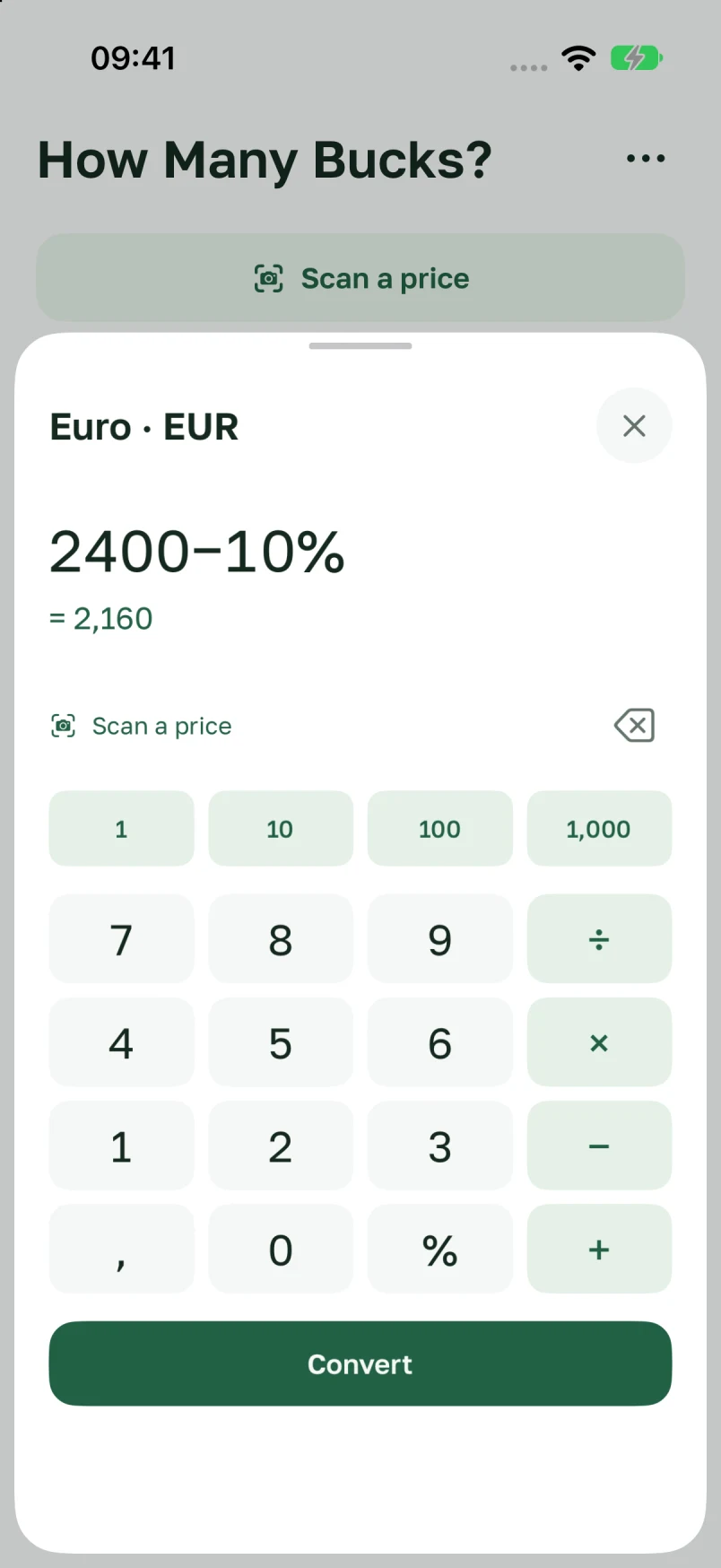 Calculator: 2,400 minus 10 percent, resulting in 2,160 euros