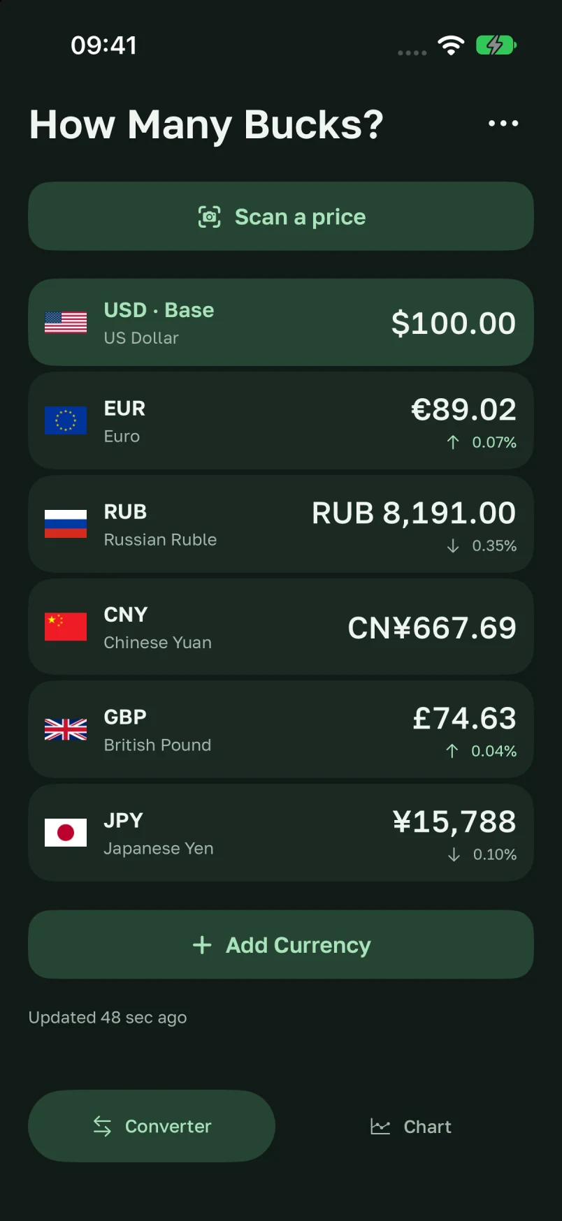 Currency converter in dark mode