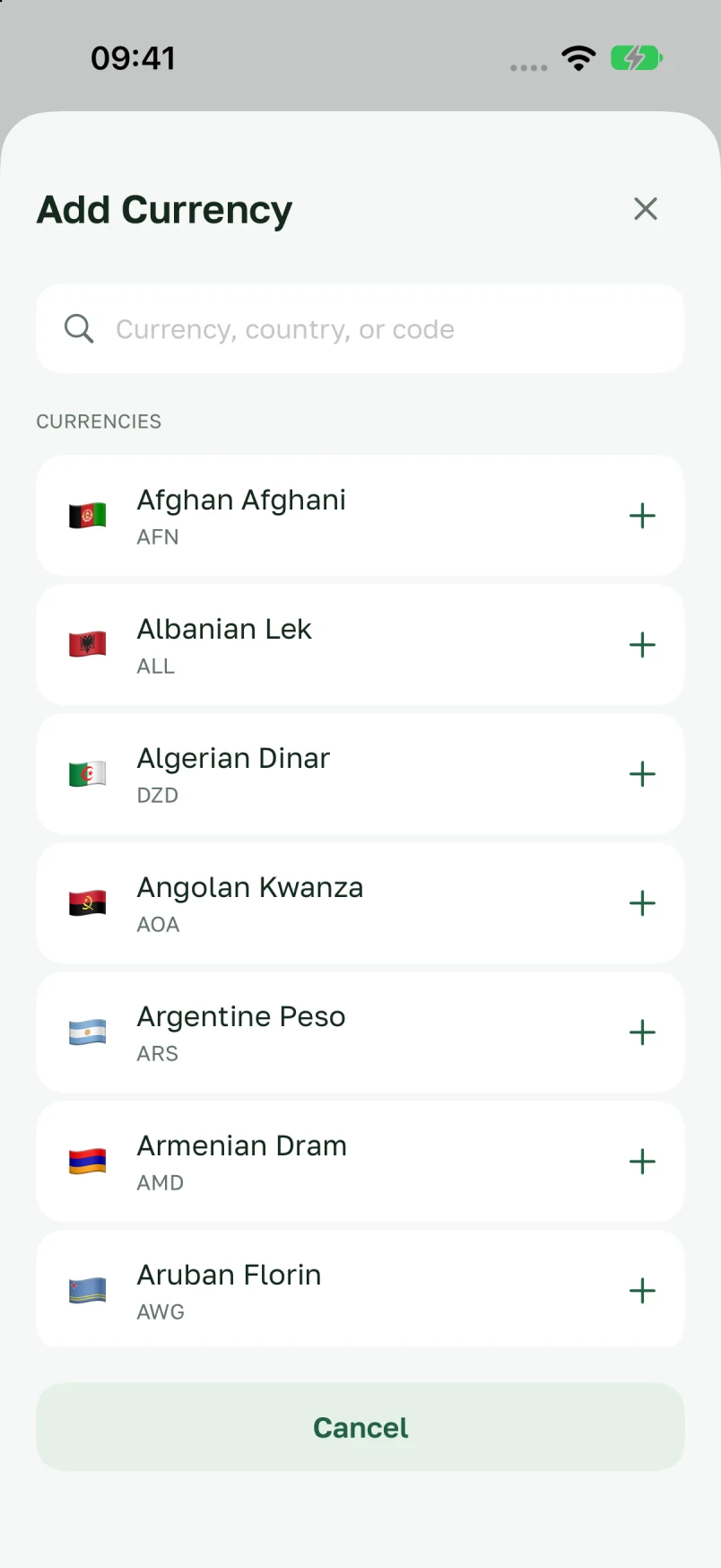 Currency selection with search by name, country or code