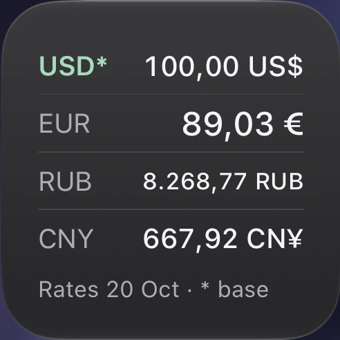 Компактный виджет с курсами в тёмной теме